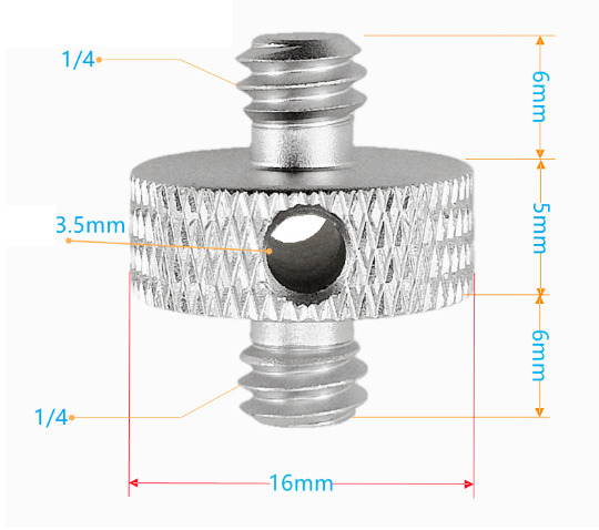 Spojovací stativový šroub 1/4" na 1/4", otvor 3,5mm
