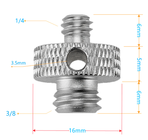 Spojovací stativový šroub 3/8" na 1/4", otvor 3,5mm