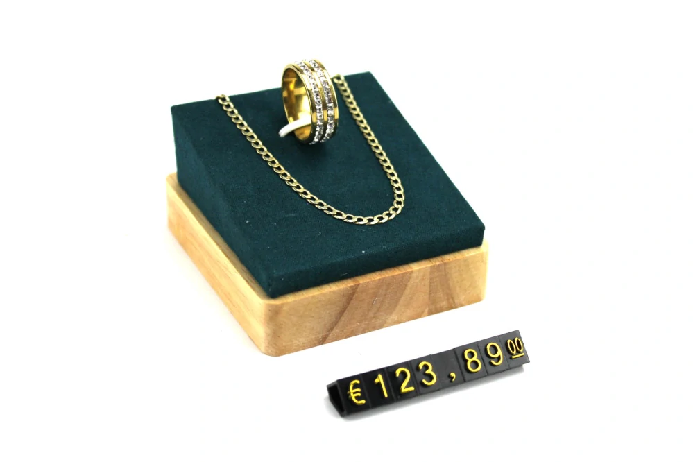 Plastové cenovky zlatý prolis 6x9mm 20x řada €,$,¥