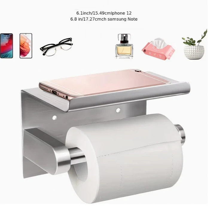 Nalepovací držák toaletního papíru s poličkou - nerezový