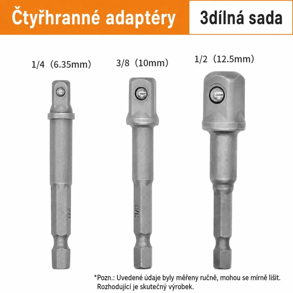 3dílná sada čtyřhranných adaptérů do vrtačky