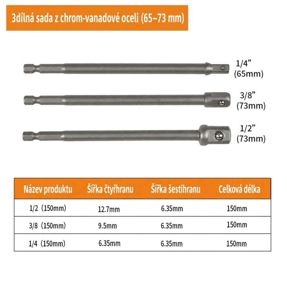 3dílná sada prodloužených adaptérů do vrtačky – 1/4", 3/8", 1/2"