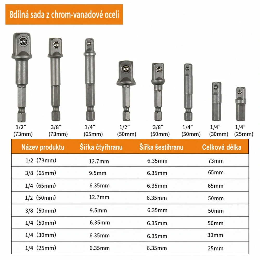 8dílná sada adaptérů pro nástrčné hlavice – 1/4", 3/8", 1/2"