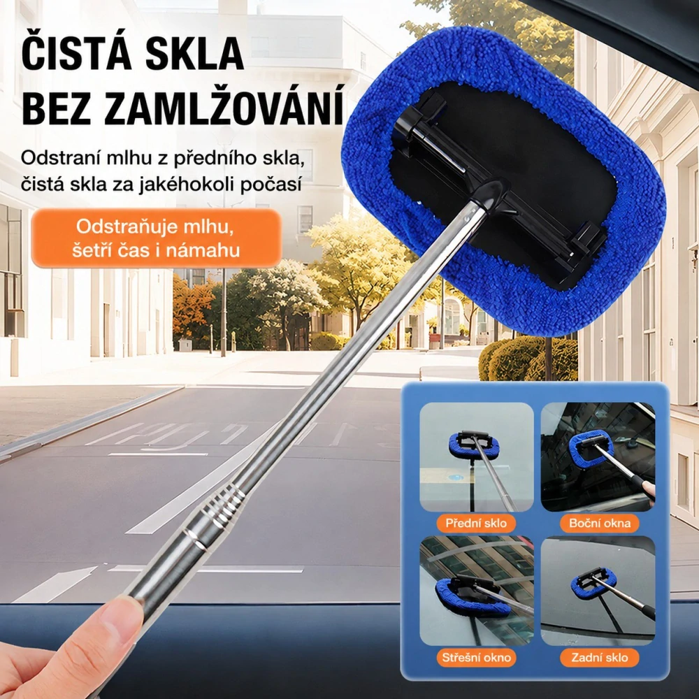 Teleskopická stěrka na skla 2 v 1 – gumová stěrka + mikrovláknový návlek, 3 náhradní návleky