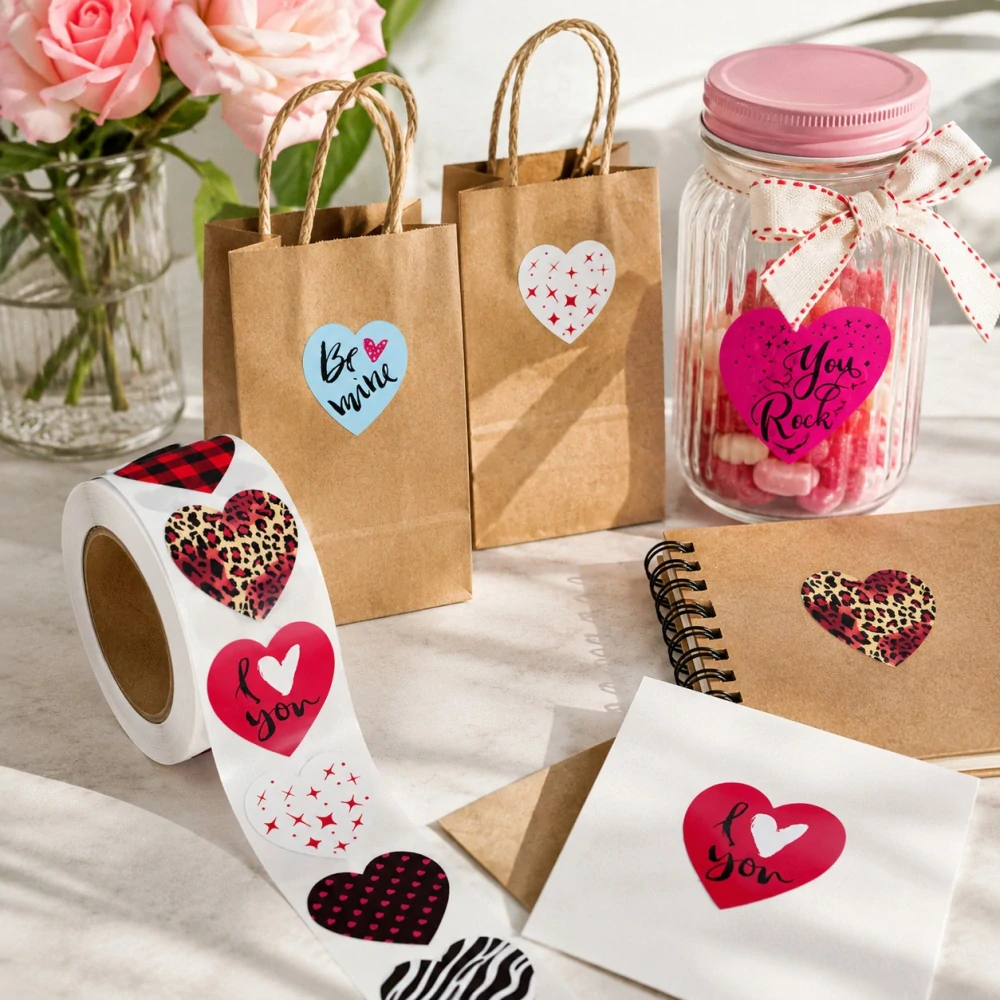 Samolepky LOVE, barevná srdce, 500 ks
