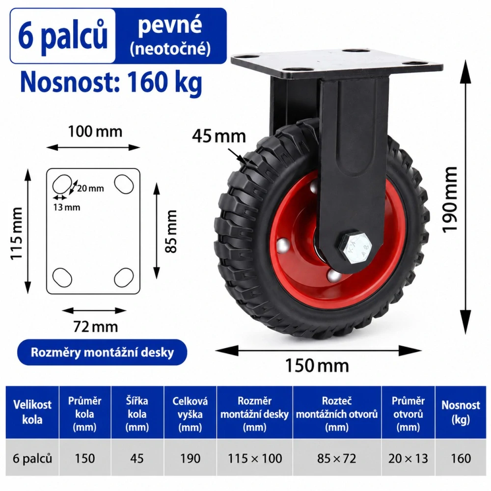Pevné transportní kolečko 150 mm – nosnost 160 kg, montážní deska