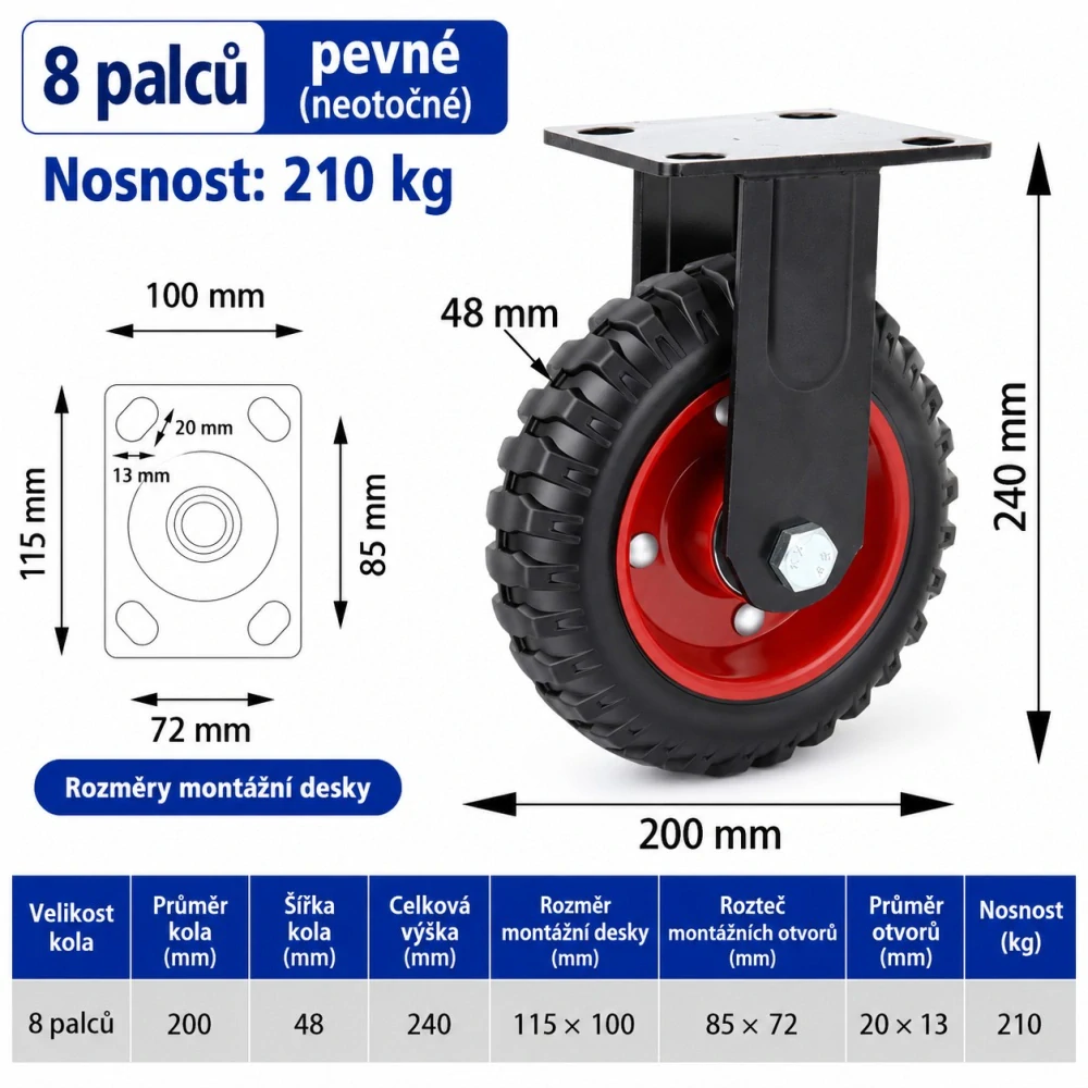 Pevné transportní kolečko 200 mm – nosnost 160 kg, montážní deska