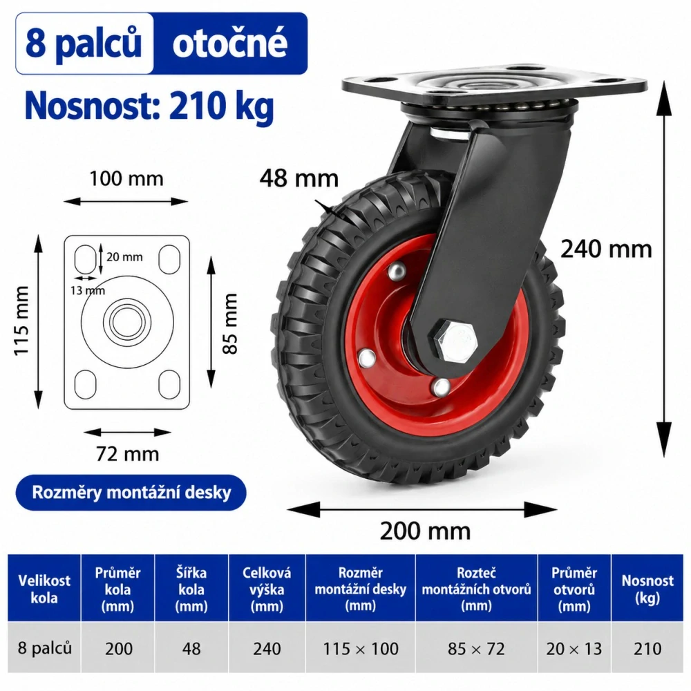 Otočné transportní kolečko 200 mm – nosnost 210 kg