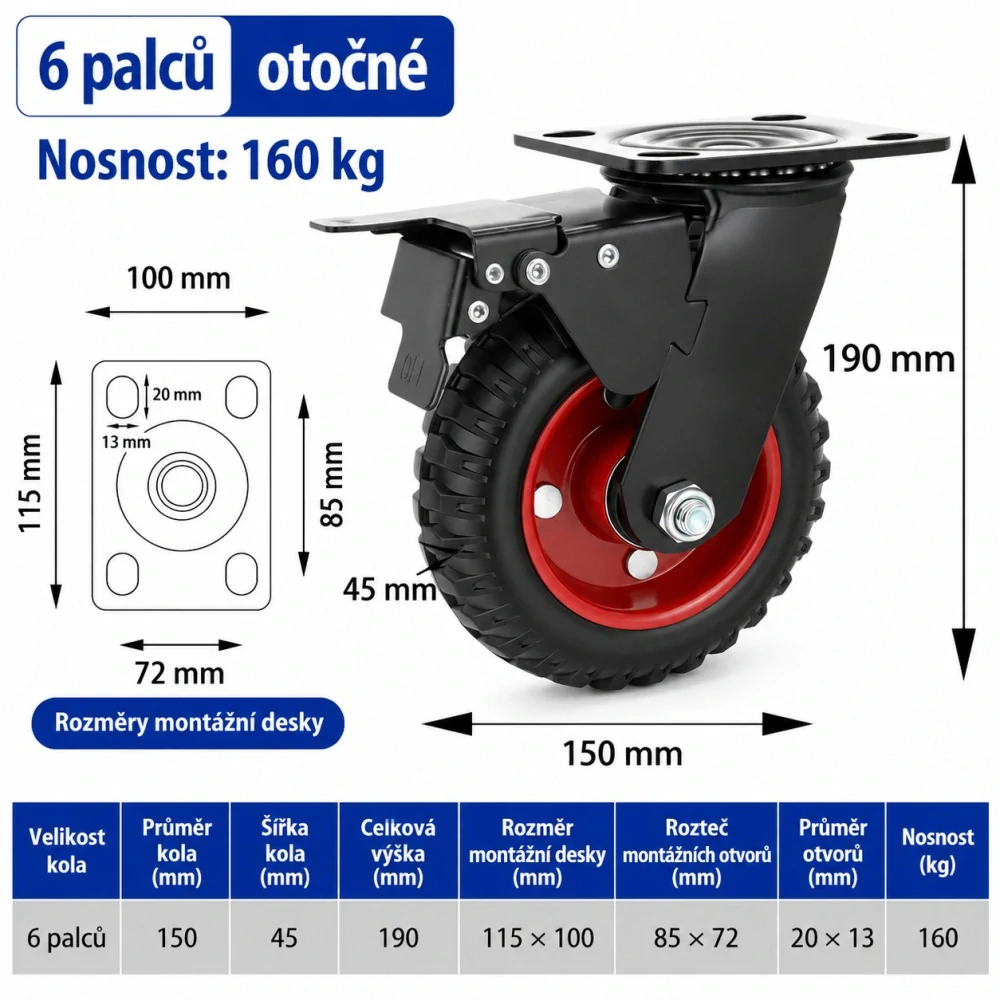 Otočné transportní kolečko s brzdou 150 mm – nosnost 160 kg