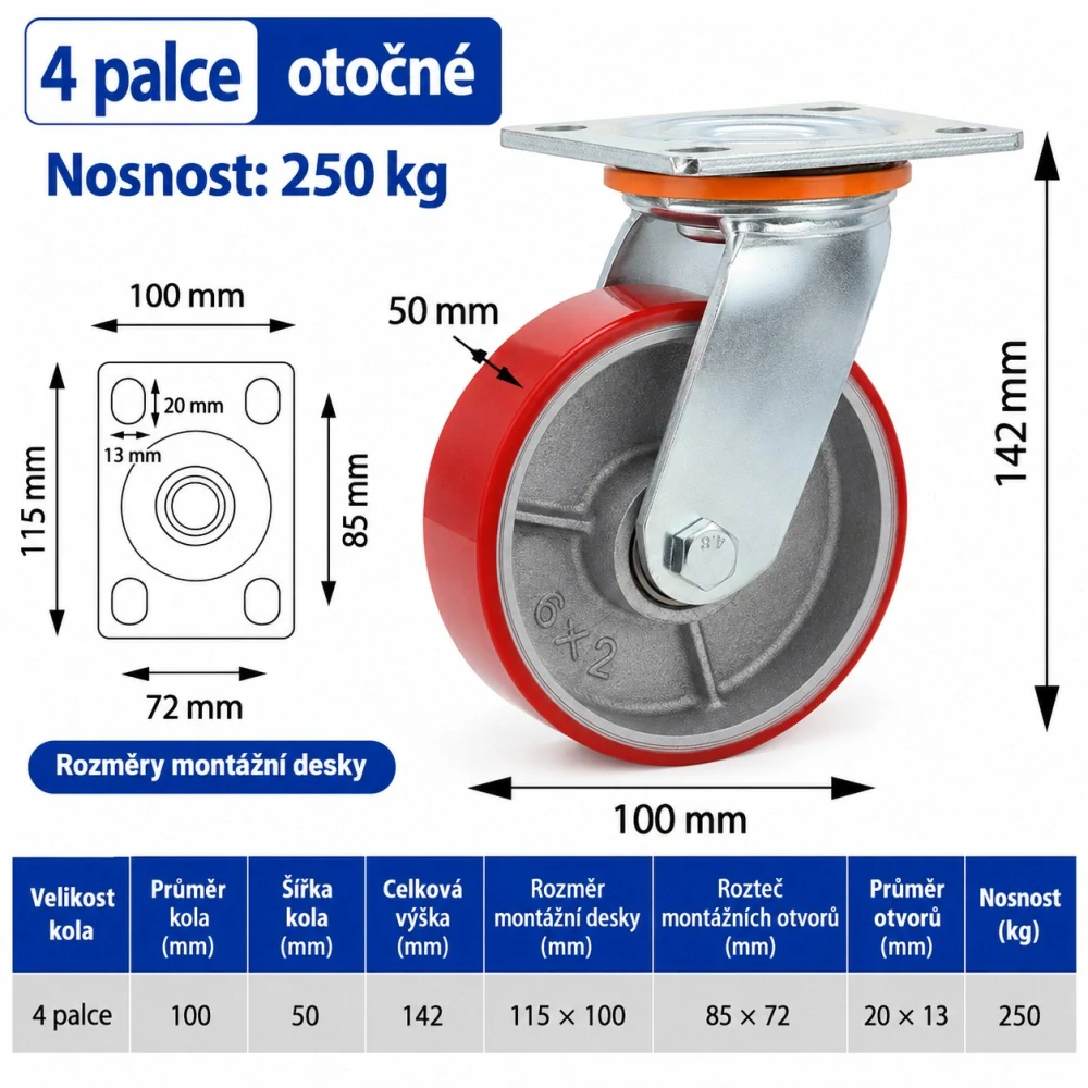 Otočné transportní kolečko 4" / 100 mm – nosnost 250 kg