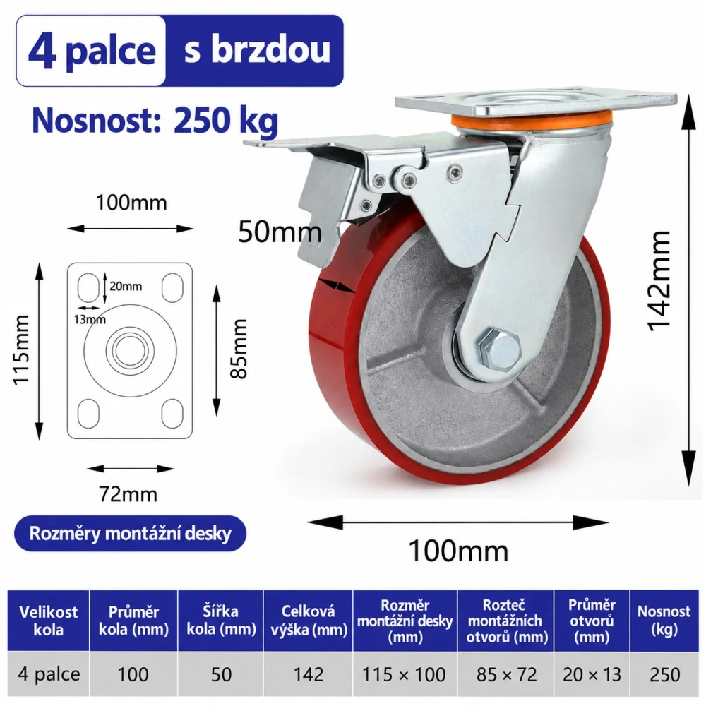 Otočné transportní kolečko s brzdou 4" / 100 mm – nosnost 250 kg