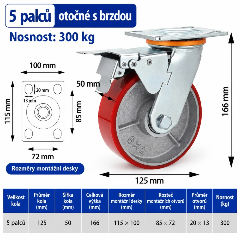 Otočné transportní kolečko s brzdou 5" / 125 mm – nosnost 300 kg