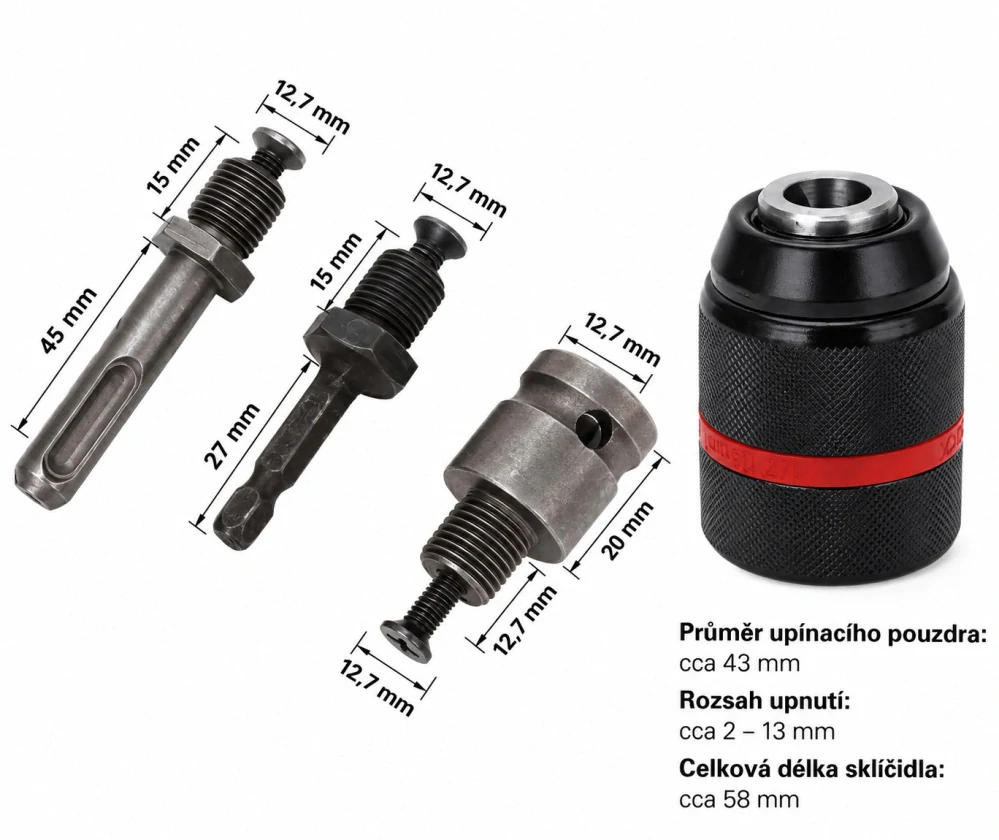 Bezklíčové sklíčidlo, hlavička vrtačky 13 mm 1/2" 20 UNF + sada adaptérů