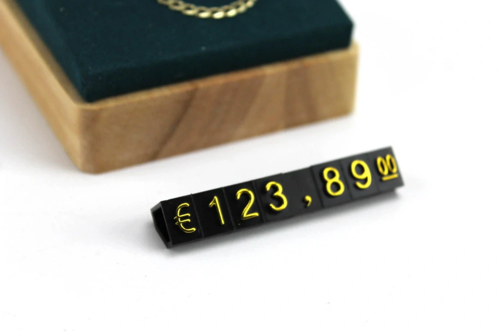 Plastové cenovky zlatý prolis 6x9mm 20x řada €,$,¥