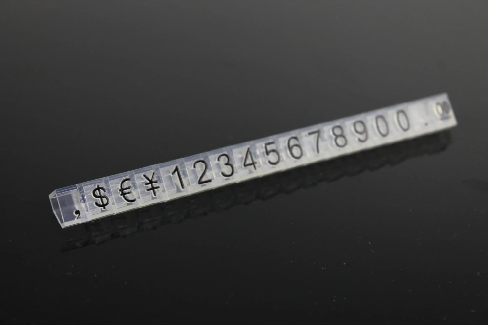 Plastové cenovky černé, průhledné 6x9mm 20x řada €,$,¥