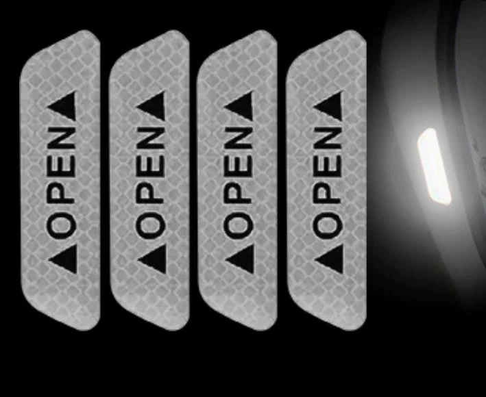 Reflexní samolepky na dveře auta – „OPEN“ (4 ks) stříbrné