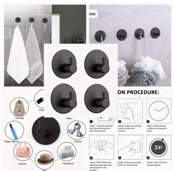 Samolepicí háček – černý kulatý, sada 4 ks