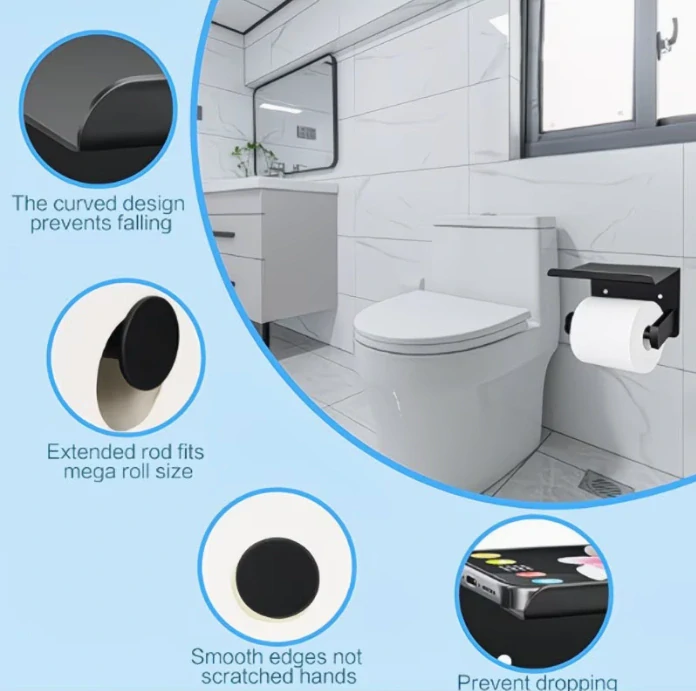 Nalepovací držák toaletního papíru s poličkou - černý