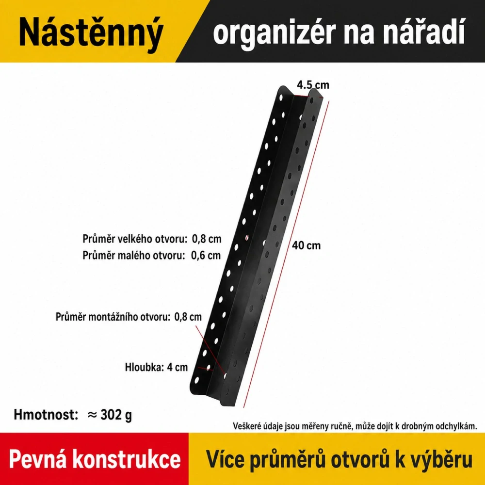 Nástěnný organizér na nářadí – kovová závěsná lišta varianta B