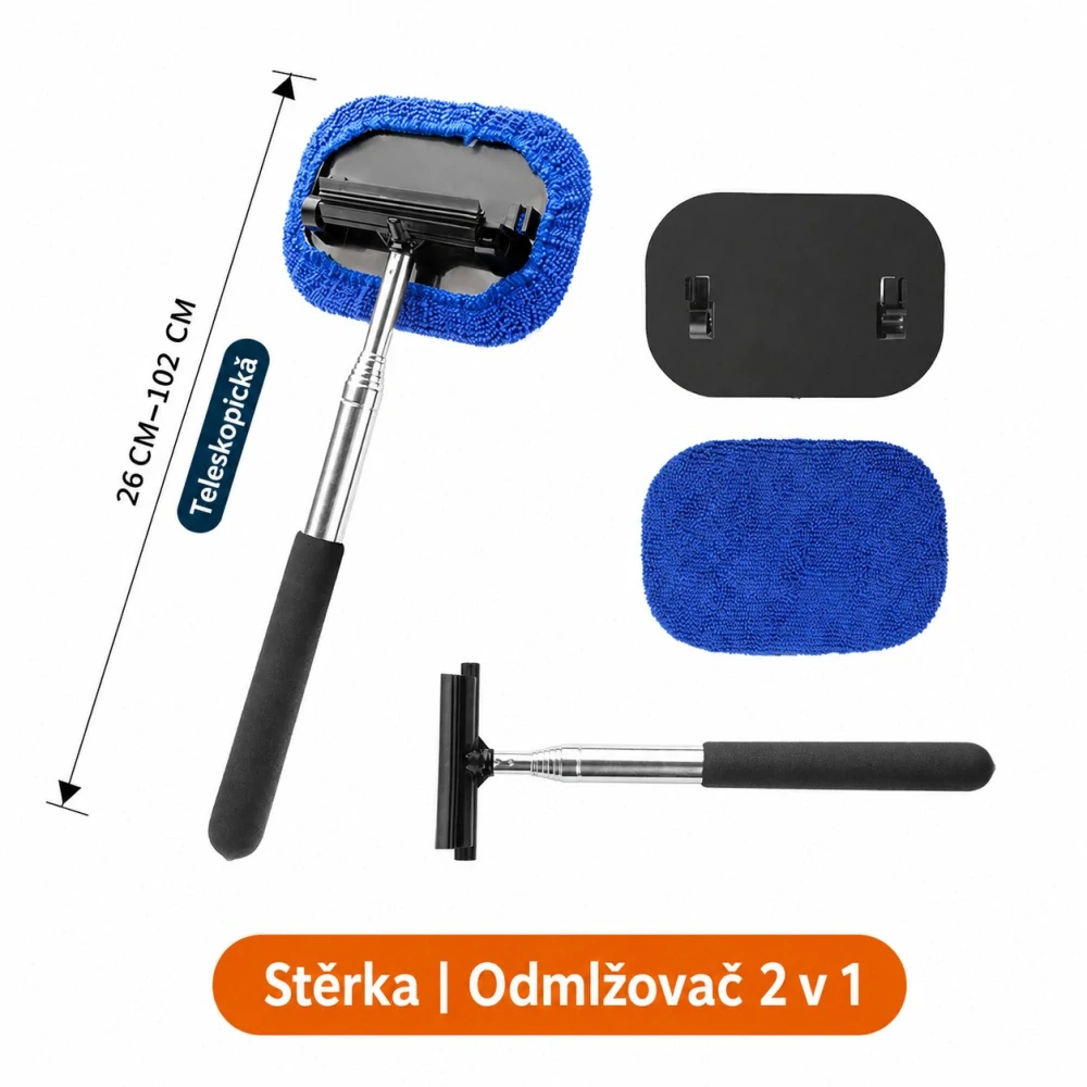 Teleskopická stěrka na skla 2 v 1 – gumová stěrka + mikrovláknový návlek, 3 náhradní návleky