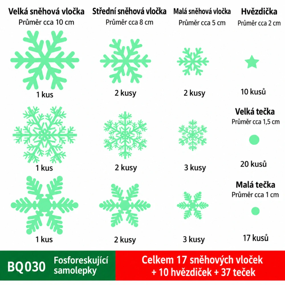 Fosforeskující statické samolepky – sněhové vločky, hvězdičky a tečky, 64 ks