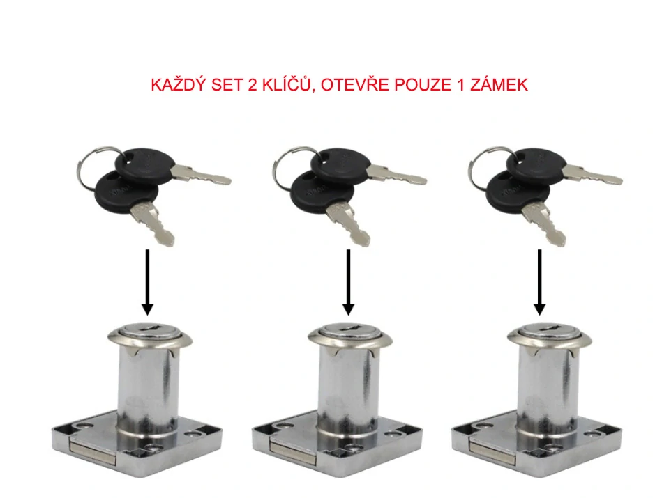 Zásuvkový zámek, zámek pro šuplík zinek 22mm každý klíč jiný