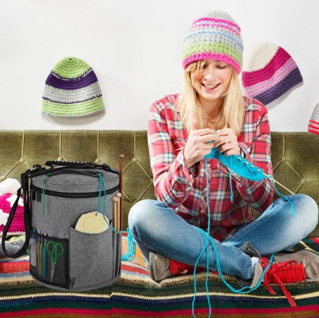 Taška na pletení, na příze a doplňky, šedá