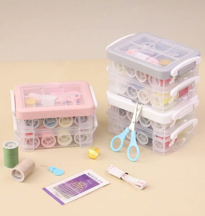 Šicí set v plastovém boxu 3 patrový šedý