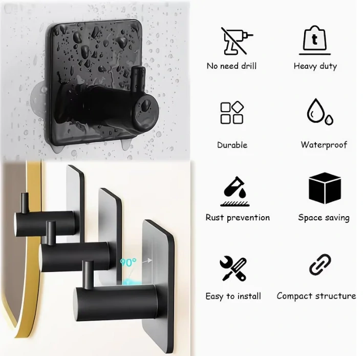 Samolepicí háček – černý hranatý, sada 4 ks