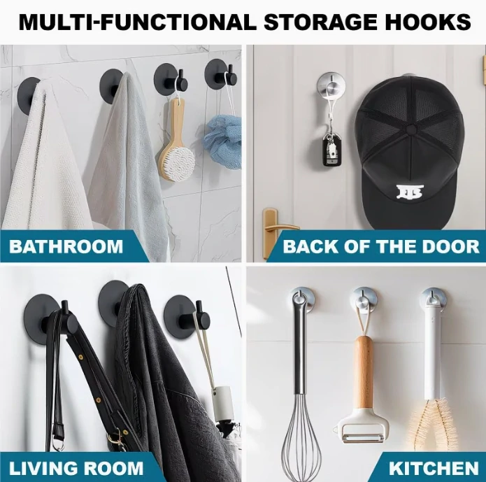 Samolepicí háček – černý kulatý, sada 4 ks