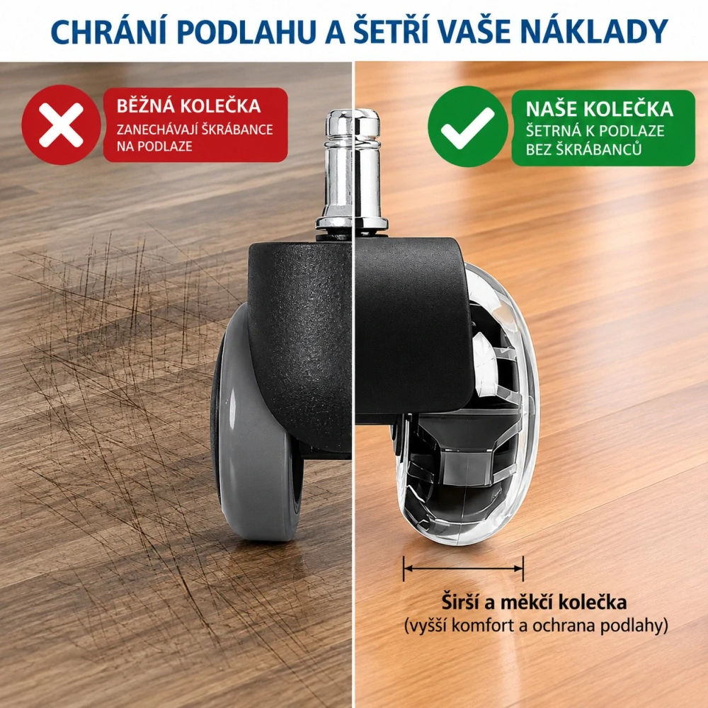 Gumová dvojitá kolečka ke kancelářské židli – sada 5 ks, Ø 50mm  čep 11x22mm