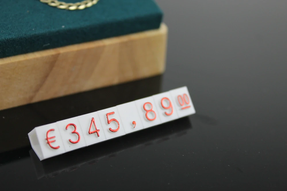 Plastové cenovky červené, bílé 6x9mm 20x řada €,$,¥