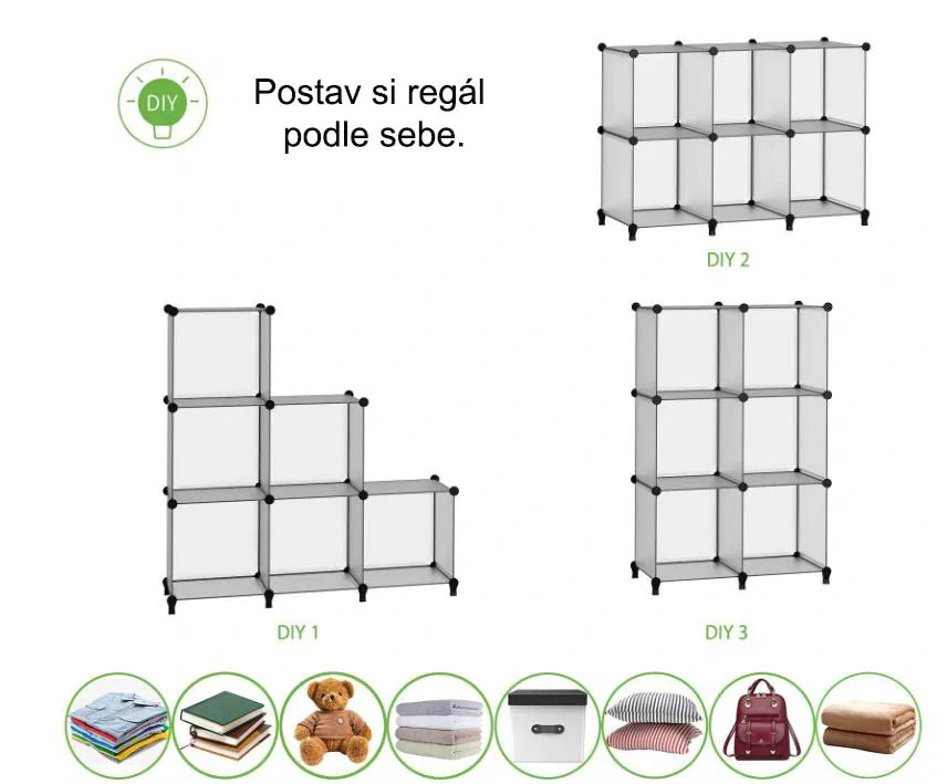 Modulární policový regál 6 boxů s dvířky – černý