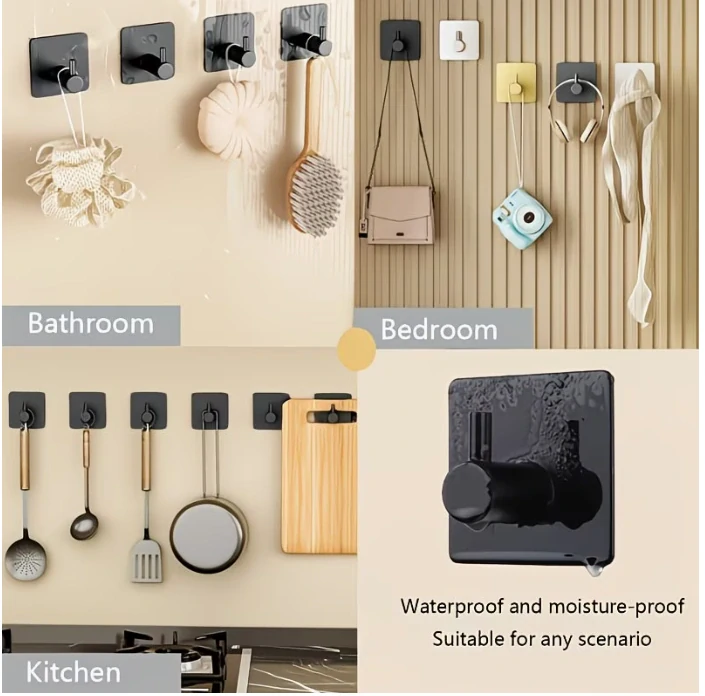 Samolepicí háček – černý hranatý, sada 4 ks