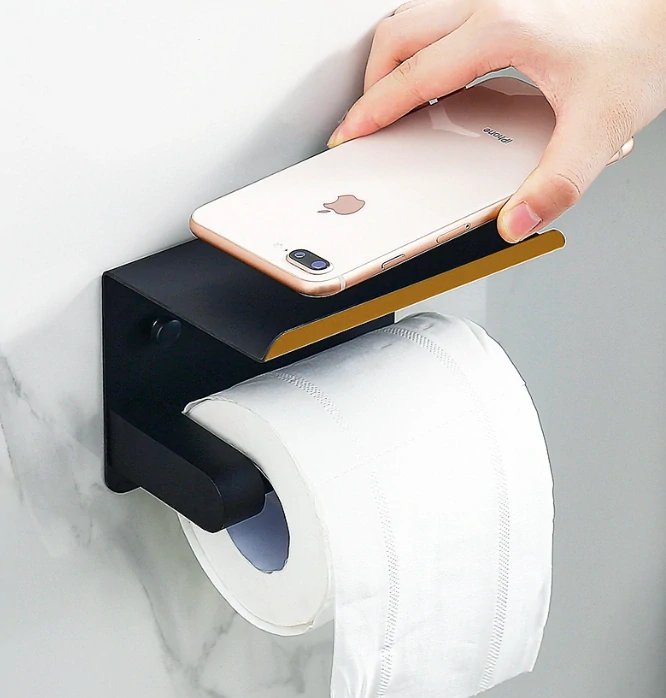 Nalepovací držák toaletního papíru s poličkou - černý
