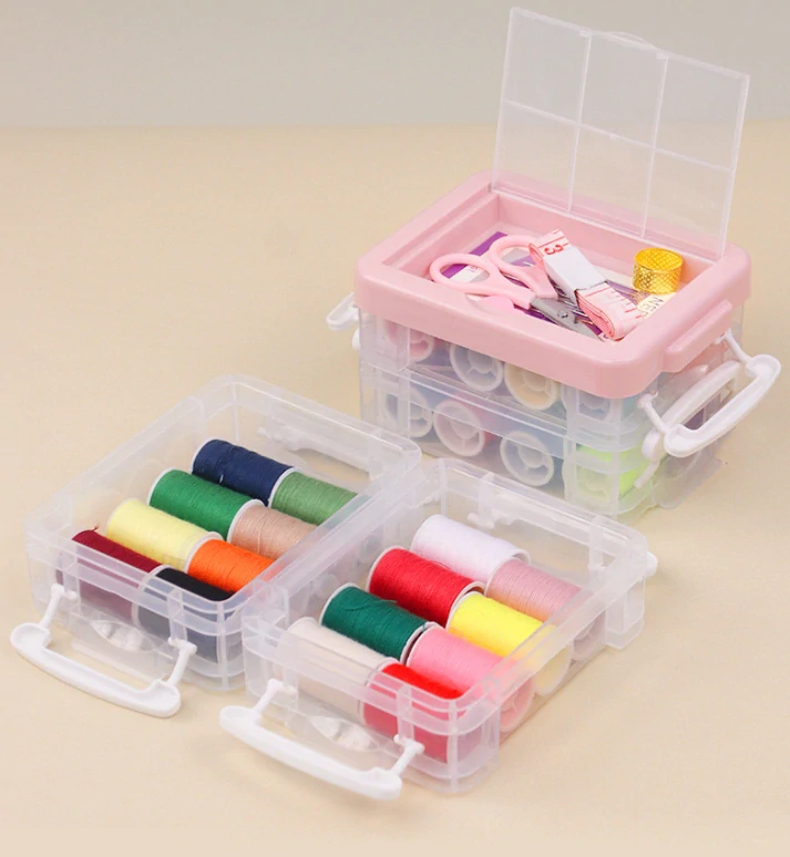 Šicí set v plastovém boxu 3 patrový šedý