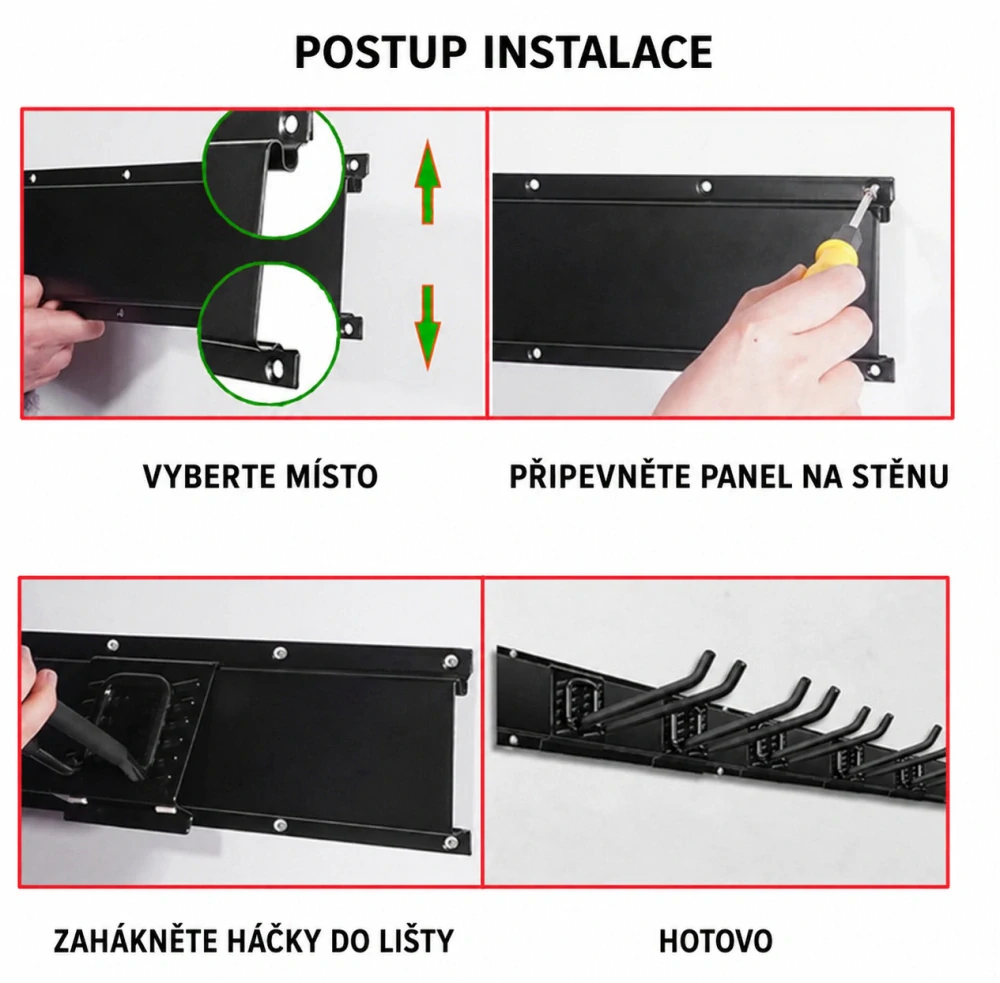 Nástěnný organizér na nářadí – sada 3 lišty + 6 háků