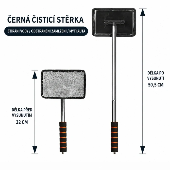 Teleskopická stěrka / čistič skel do auta s mikrovláknovým návlekem – otočná hlavice 180°