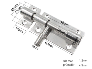 Dveřní nerezová petlice 304 62mm s protikusem