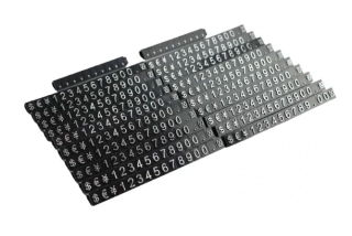 Plastové cenovky stříbrný prolis 6x9mm 20x řada €,$,¥