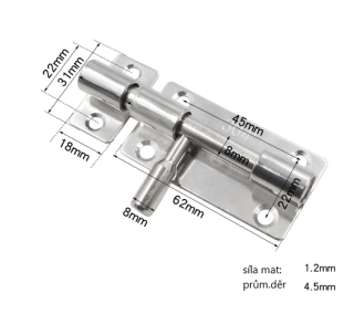 Dveřní nerezová petlice 304 62mm s protikusem