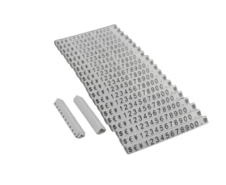 Plastové cenovky černé, bílé 6x9mm 20x řada €,$,¥