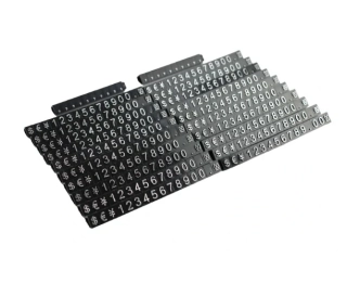 Plastové cenovky stříbrný prolis 6x9mm 20x řada €,$,¥